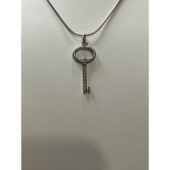 Sterling Silver 925 Designer SIGNED Diamond Chip Key Shaped Pendant Necklace - Picture 5 of 14